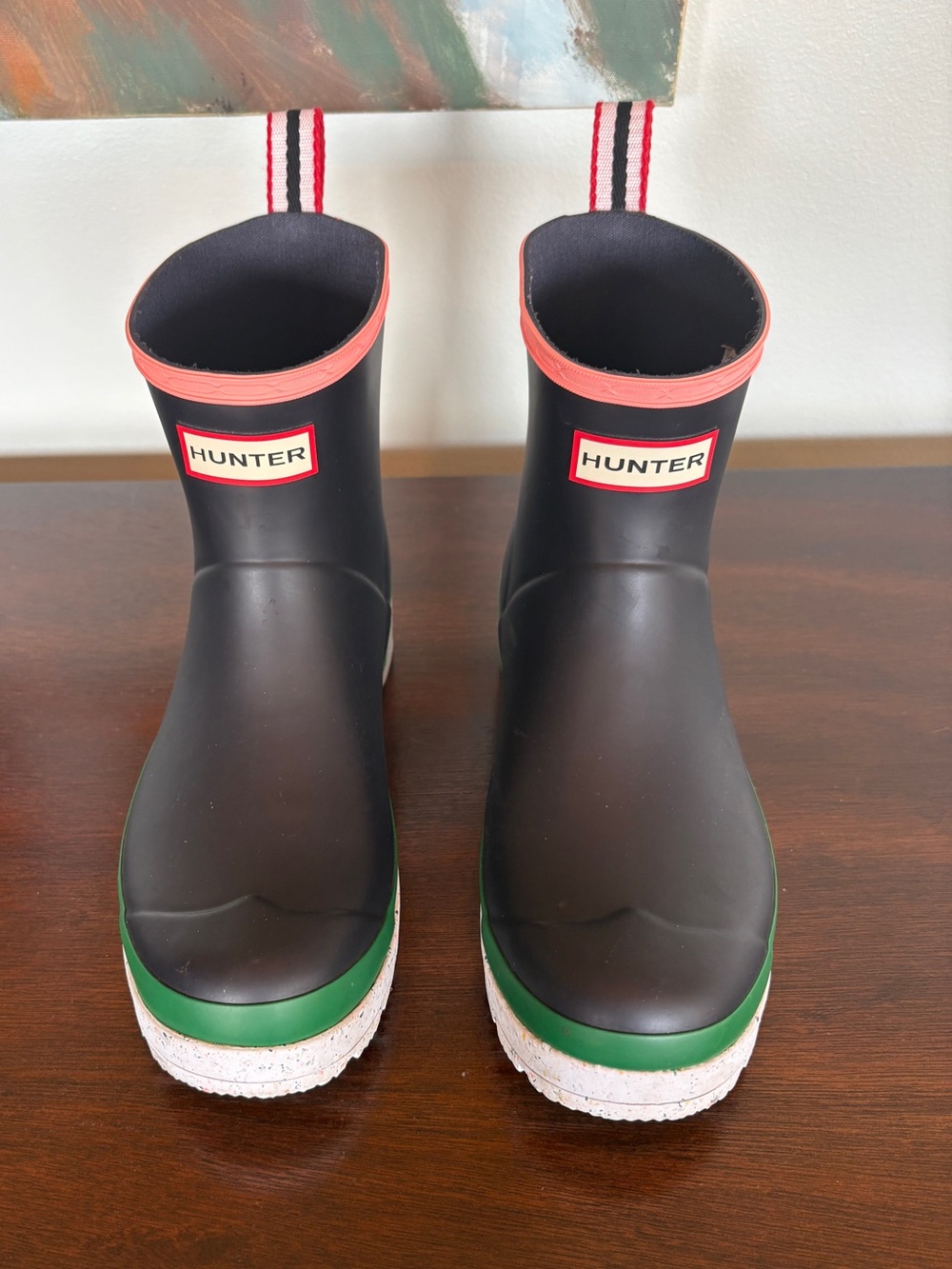 EUC Hunter Play Short Boots, Navy with Pink and Green accents, sz 38